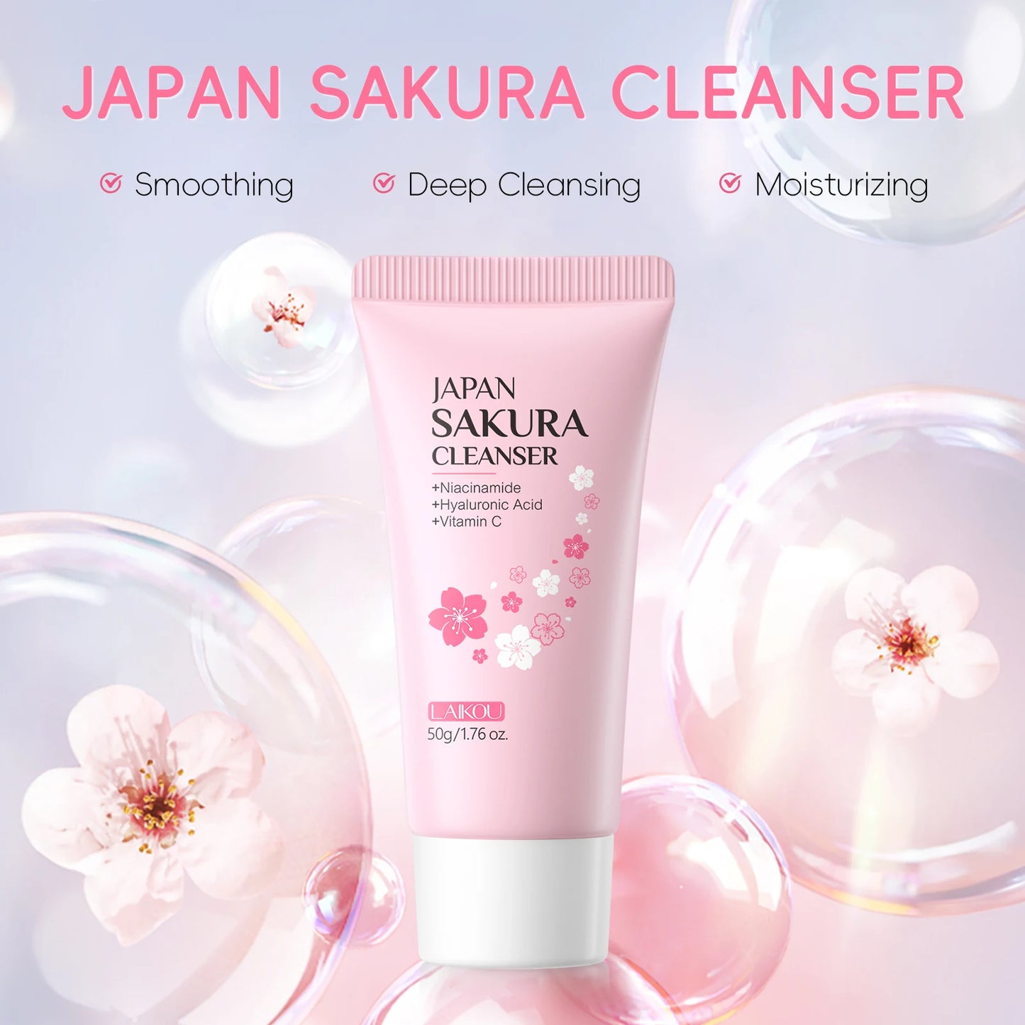 LAIKOU Japan Sakura 7PCS Skincare Set Cleanser Serum Eye Cream Mud Mask Lip Mask Sleeping Mask Hydrating Brightening