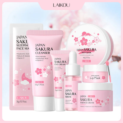 LAIKOU Japan Sakura 7PCS Skincare Set Cleanser Serum Eye Cream Mud Mask Lip Mask Sleeping Mask Hydrating Brightening