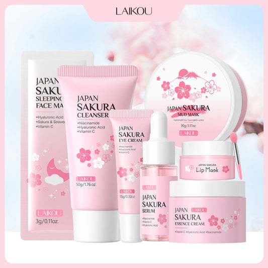 LAIKOU Japan Sakura 7PCS Skincare Set Cleanser Serum Eye Cream Mud Mask Lip Mask Sleeping Mask Hydrating Brightening